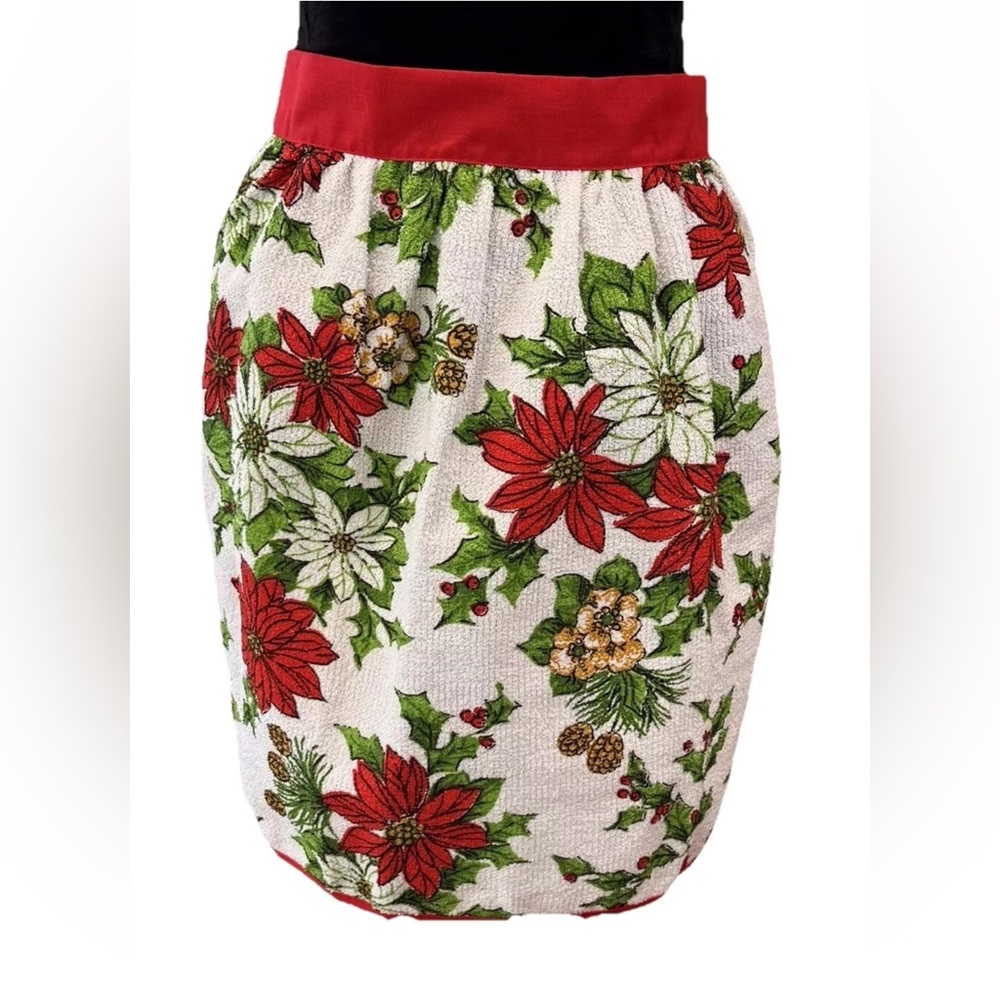 🆕Vintage NOS 1970s Christmas half apron-Poinsettias‎ & greenery Terry cloth